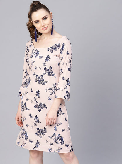 Women's White Butterfly Printed Dress With Square Neck