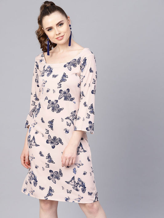 Women's White Butterfly Printed Dress With Square Neck