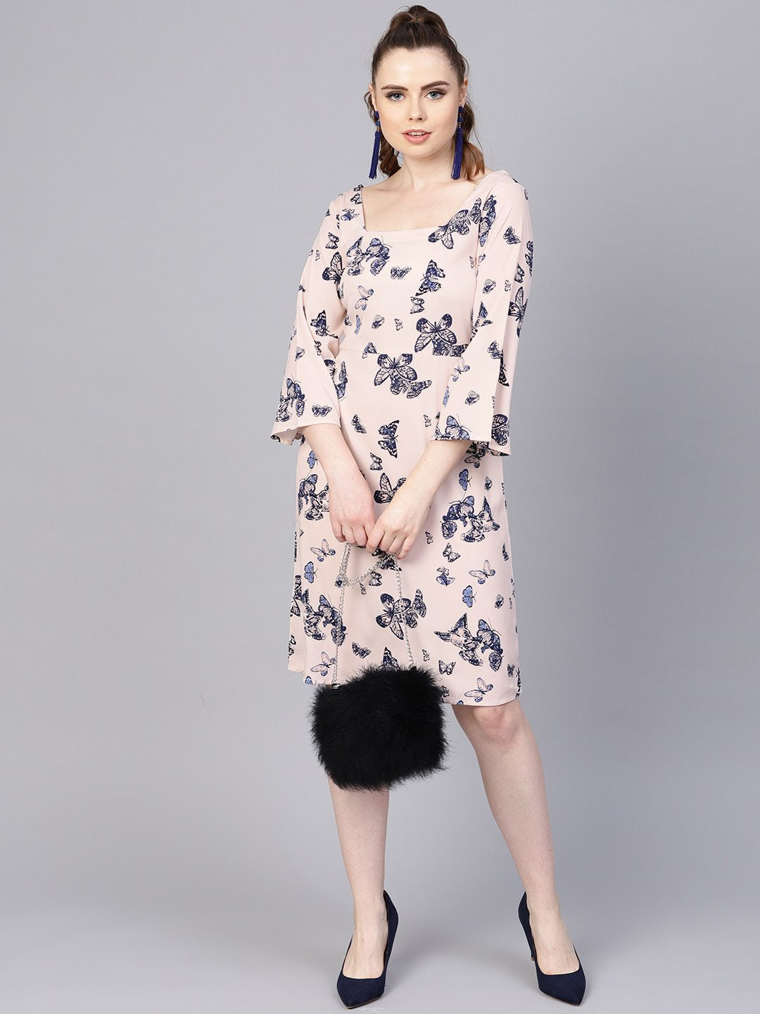 Women's White Butterfly Printed Dress With Square Neck