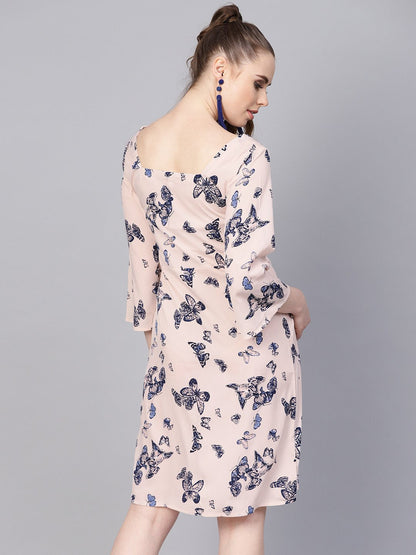 Women's White Butterfly Printed Dress With Square Neck