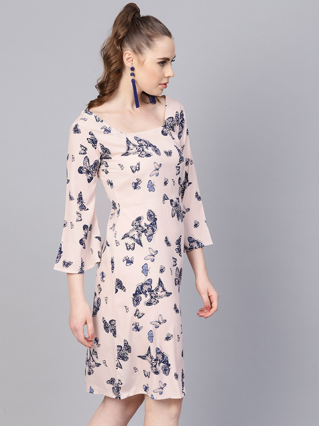 Women's White Butterfly Printed Dress With Square Neck