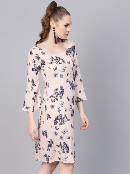 Women's White Butterfly Printed Dress With Square Neck