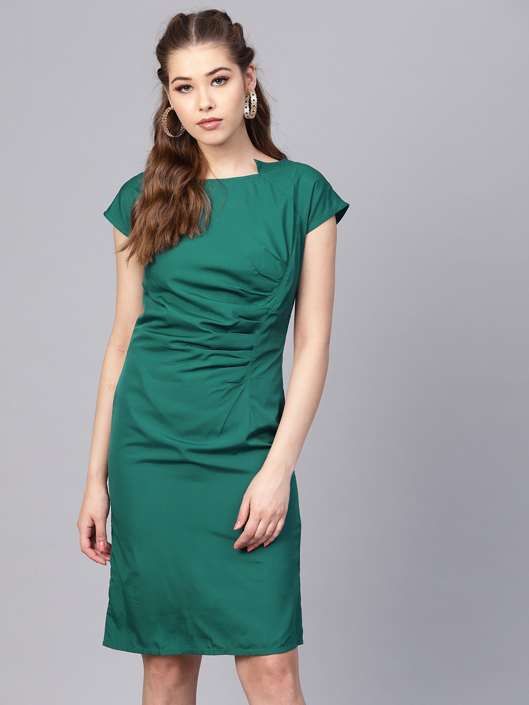 Women's Dark Green Sheath Cap Sleeve Dress