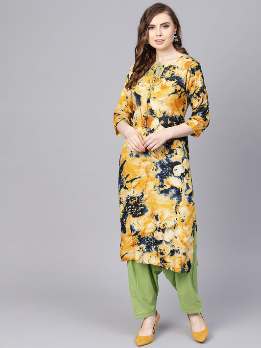 Women's Yellow Marbal Printed Kurta Set With Solid Green Salwar