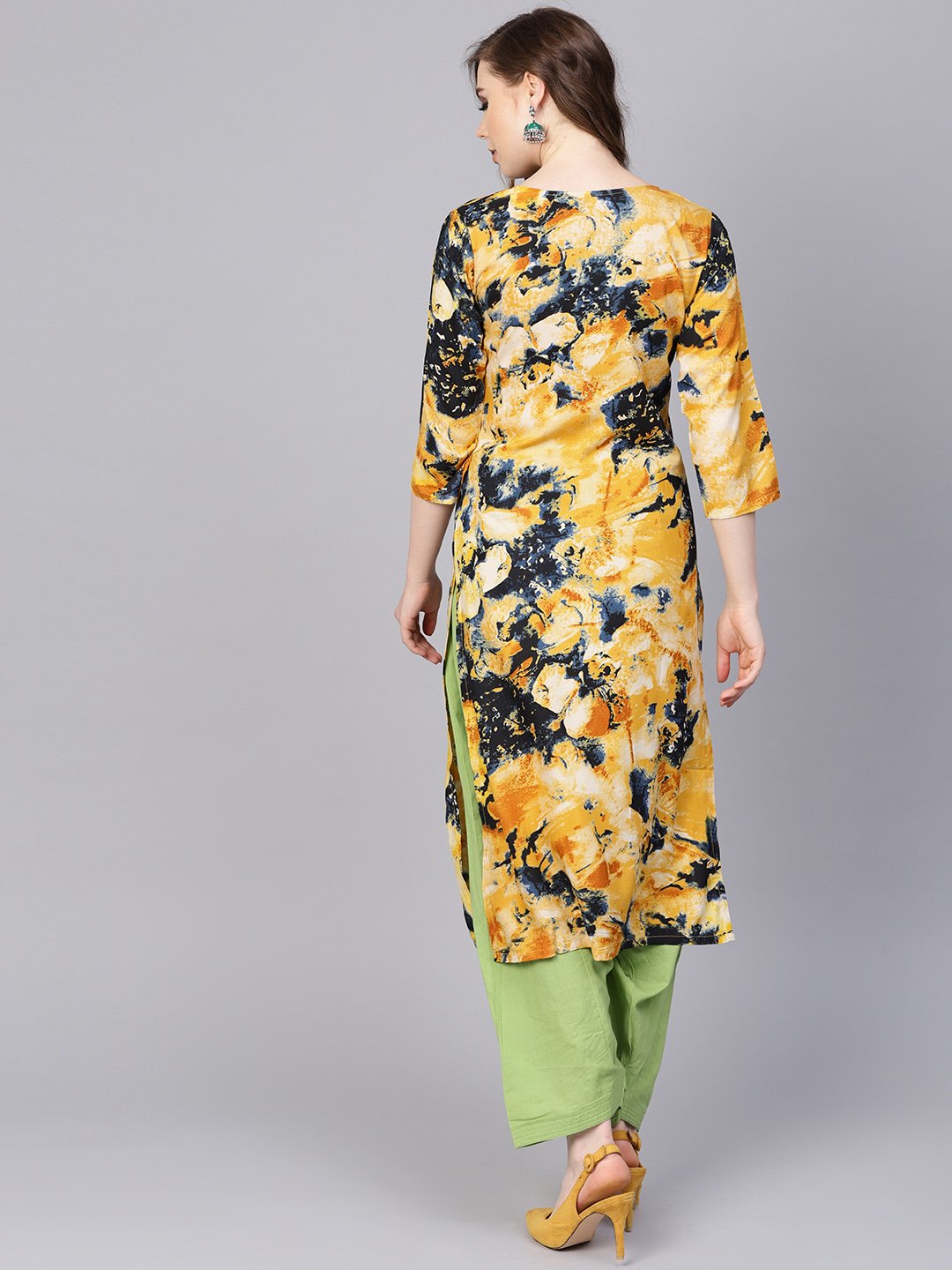 Women's Yellow Marbal Printed Kurta Set With Solid Green Salwar