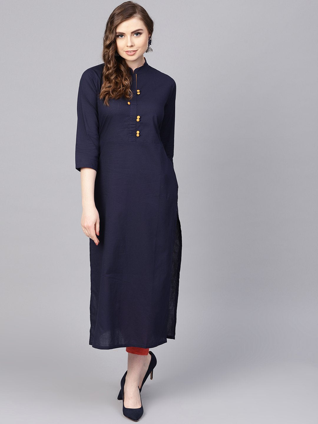 Women's Navy Blue Kurta With Contrasting Detailed Placket With Madarin Collar