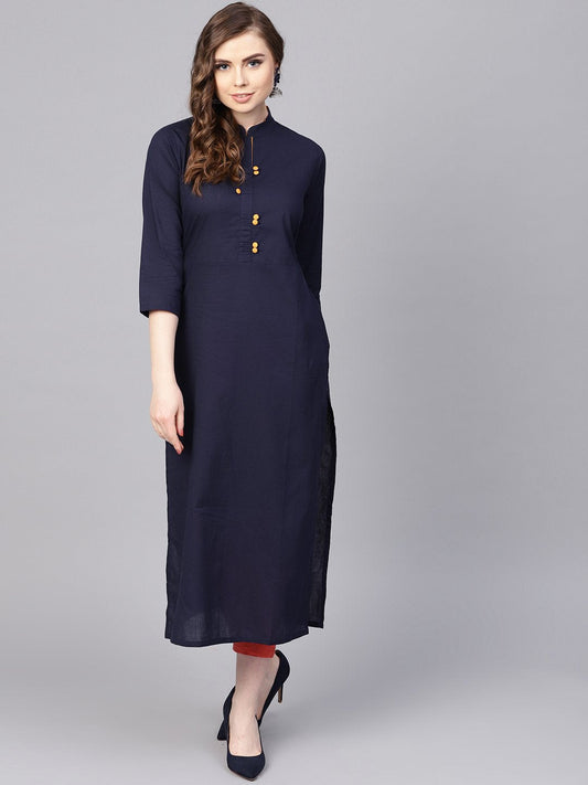 Women's Navy Blue Kurta With Contrasting Detailed Placket With Madarin Collar