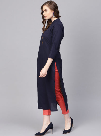 Women's Navy Blue Kurta With Contrasting Detailed Placket With Madarin Collar