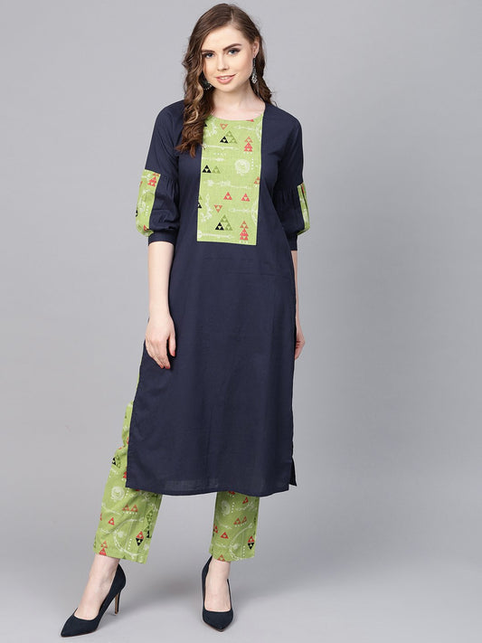 Women's Light Green Printed Set With Navy Blue Solid Kurta & Green Printed Palazzo