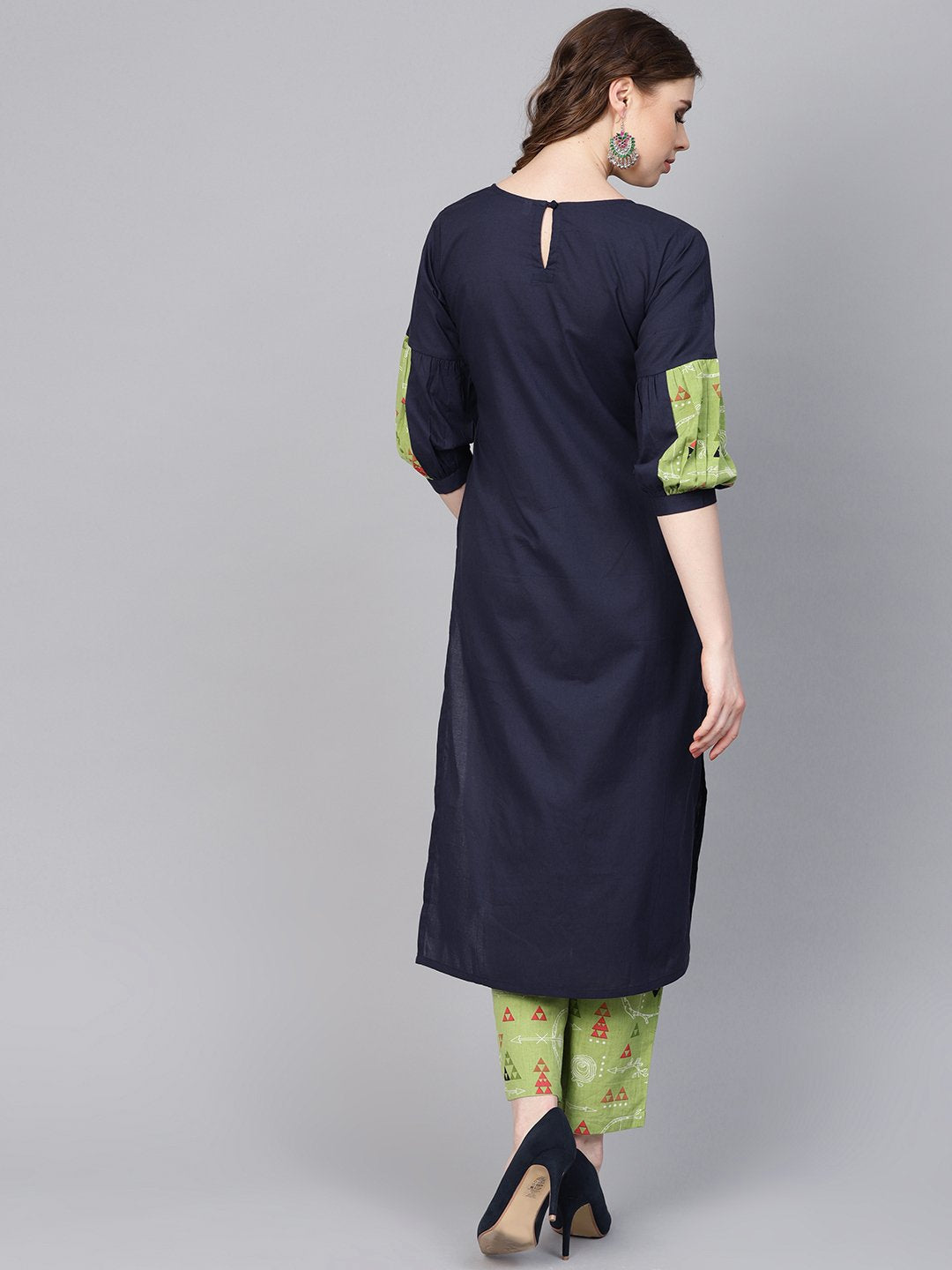 Women's Light Green Printed Set With Navy Blue Solid Kurta & Green Printed Palazzo