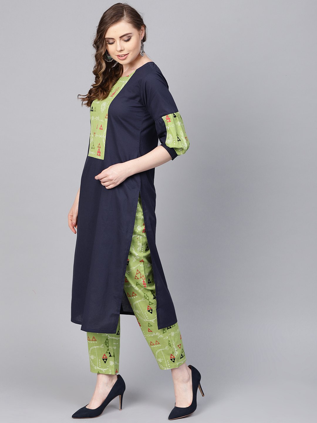 Women's Light Green Printed Set With Navy Blue Solid Kurta & Green Printed Palazzo