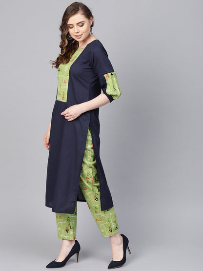 Women's Light Green Printed Set With Navy Blue Solid Kurta & Green Printed Palazzo