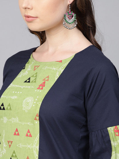 Women's Light Green Printed Set With Navy Blue Solid Kurta & Green Printed Palazzo