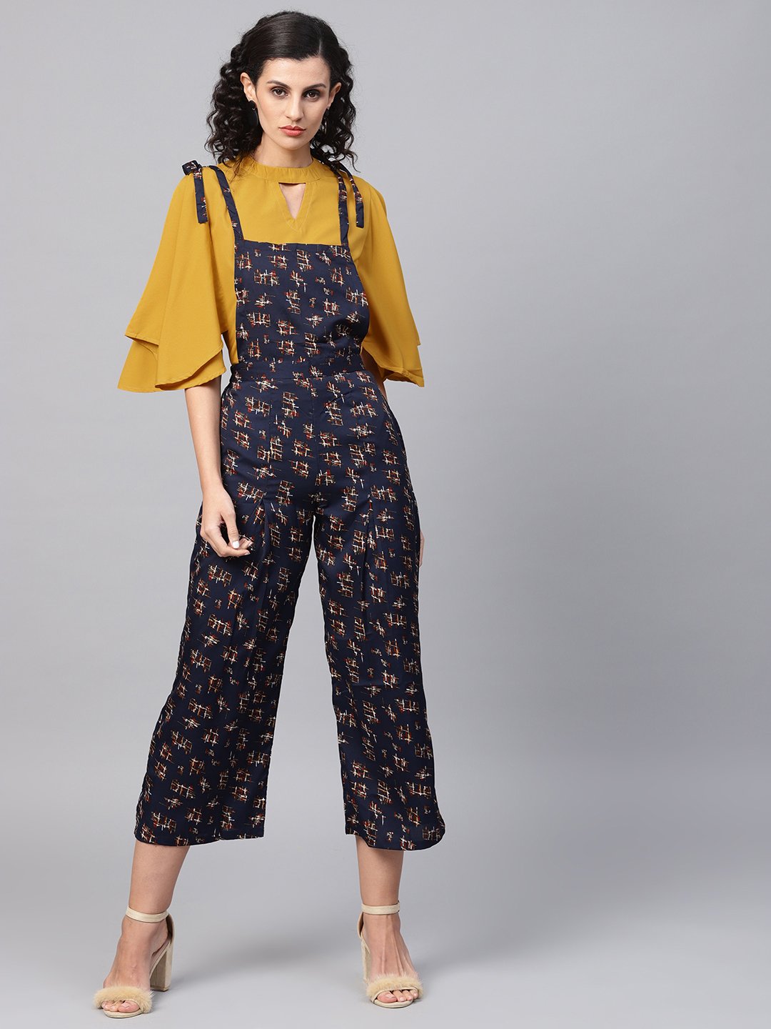 Women's Navy Blue Geometric Printed Knot Style Dungree With Mustard Top