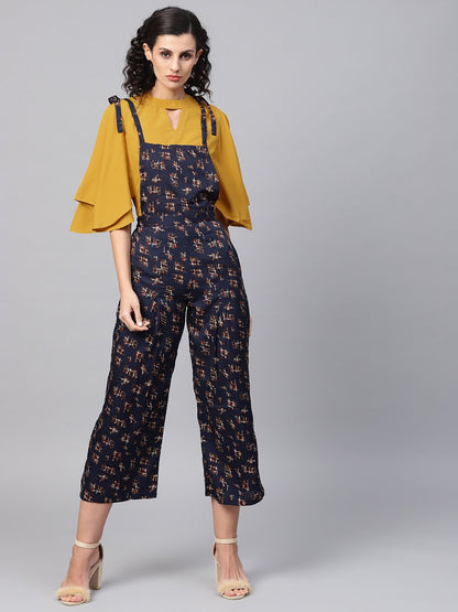 Women's Navy Blue Geometric Printed Knot Style Dungree With Mustard Top