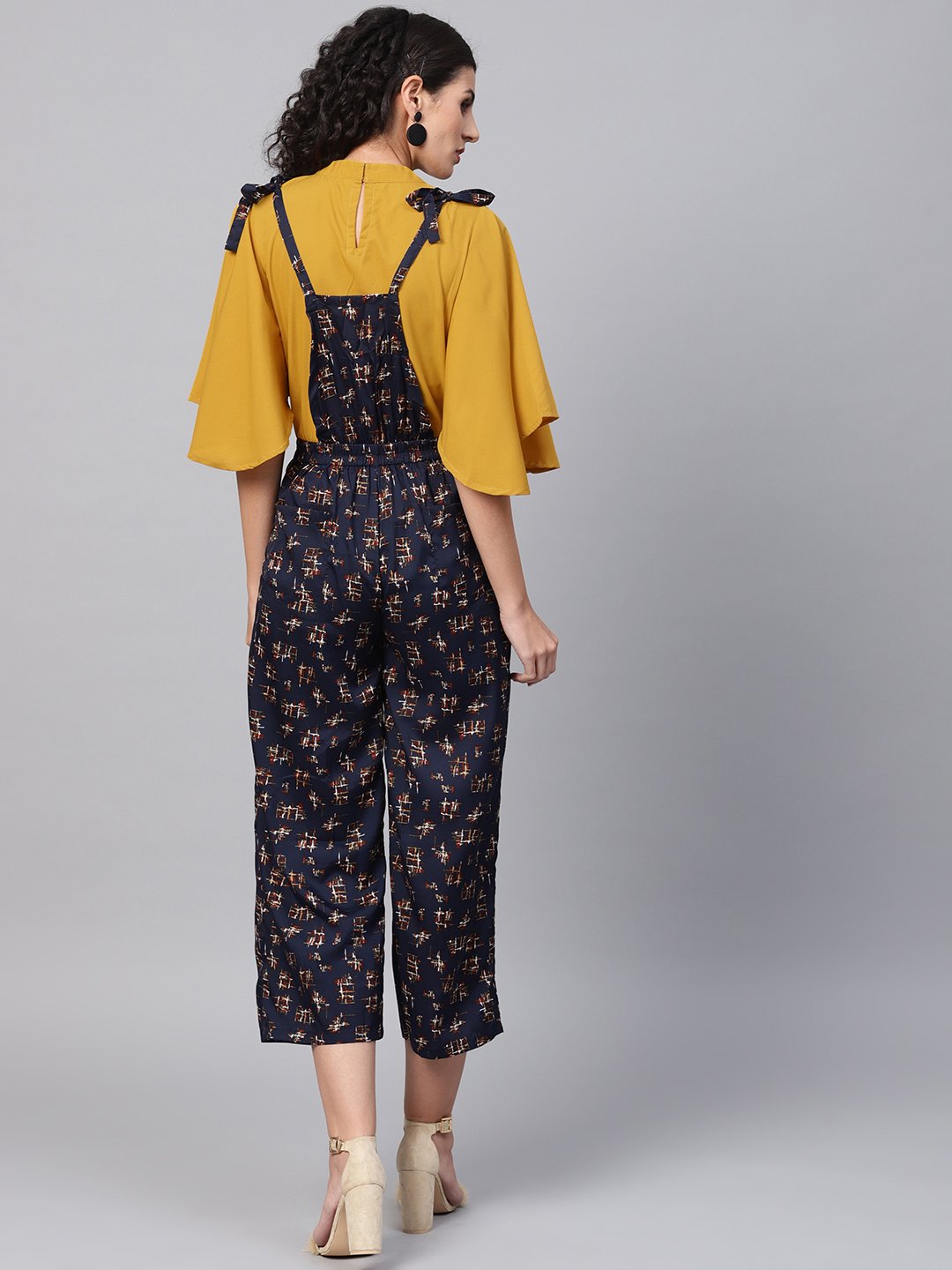 Women's Navy Blue Geometric Printed Knot Style Dungree With Mustard Top