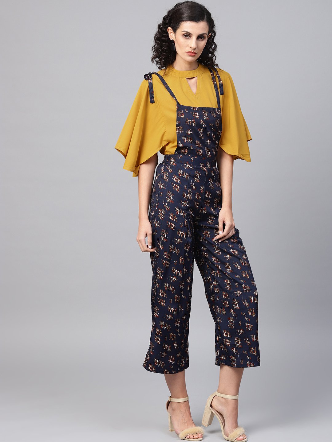 Women's Navy Blue Geometric Printed Knot Style Dungree With Mustard Top