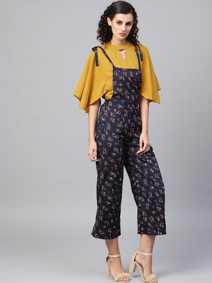 Women's Navy Blue Geometric Printed Knot Style Dungree With Mustard Top