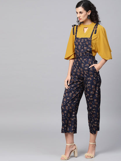 Women's Navy Blue Geometric Printed Knot Style Dungree With Mustard Top