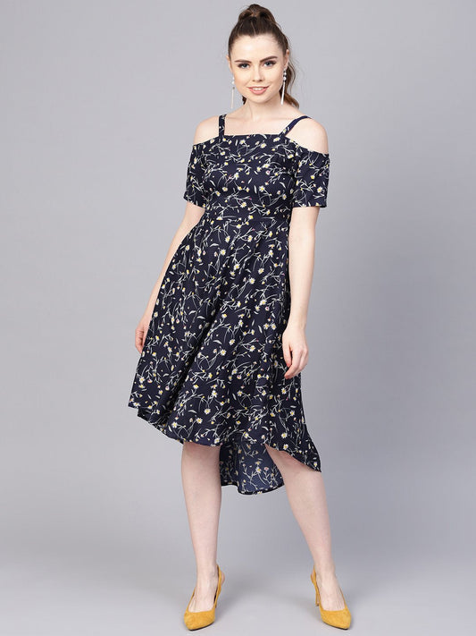Women's Navy Blue Floral Printed Dress With Shoulder Strap & Detailed Sleeves