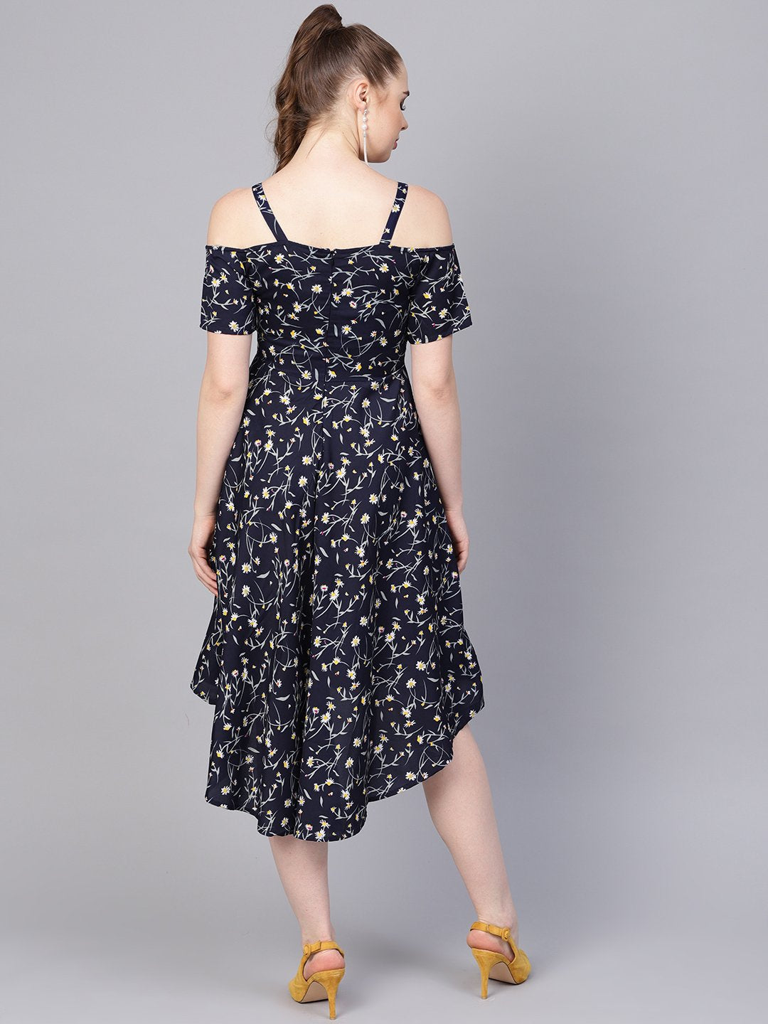 Women's Navy Blue Floral Printed Dress With Shoulder Strap & Detailed Sleeves