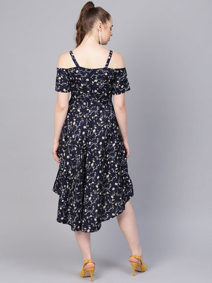 Women's Navy Blue Floral Printed Dress With Shoulder Strap & Detailed Sleeves