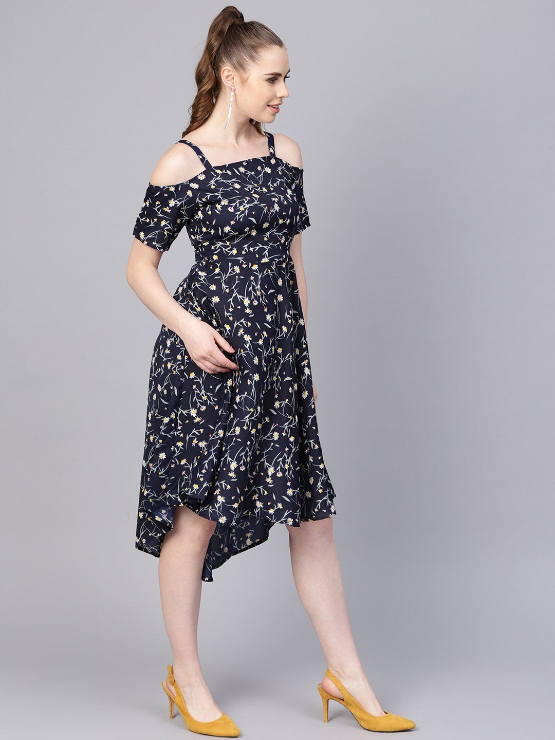 Women's Navy Blue Floral Printed Dress With Shoulder Strap & Detailed Sleeves