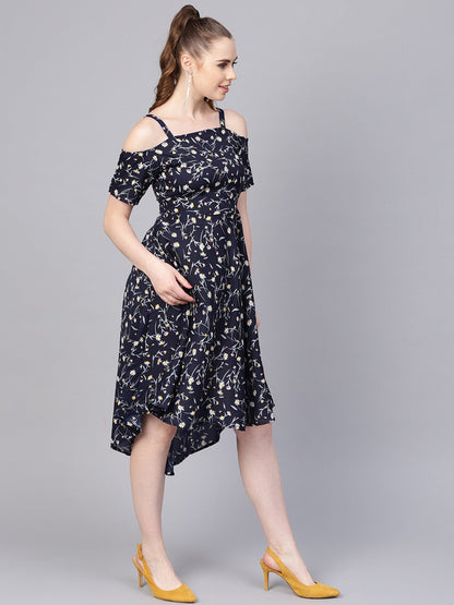 Women's Navy Blue Floral Printed Dress With Shoulder Strap & Detailed Sleeves