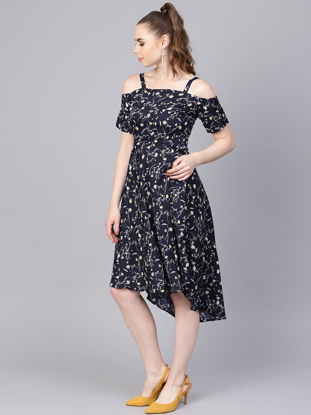 Women's Navy Blue Floral Printed Dress With Shoulder Strap & Detailed Sleeves
