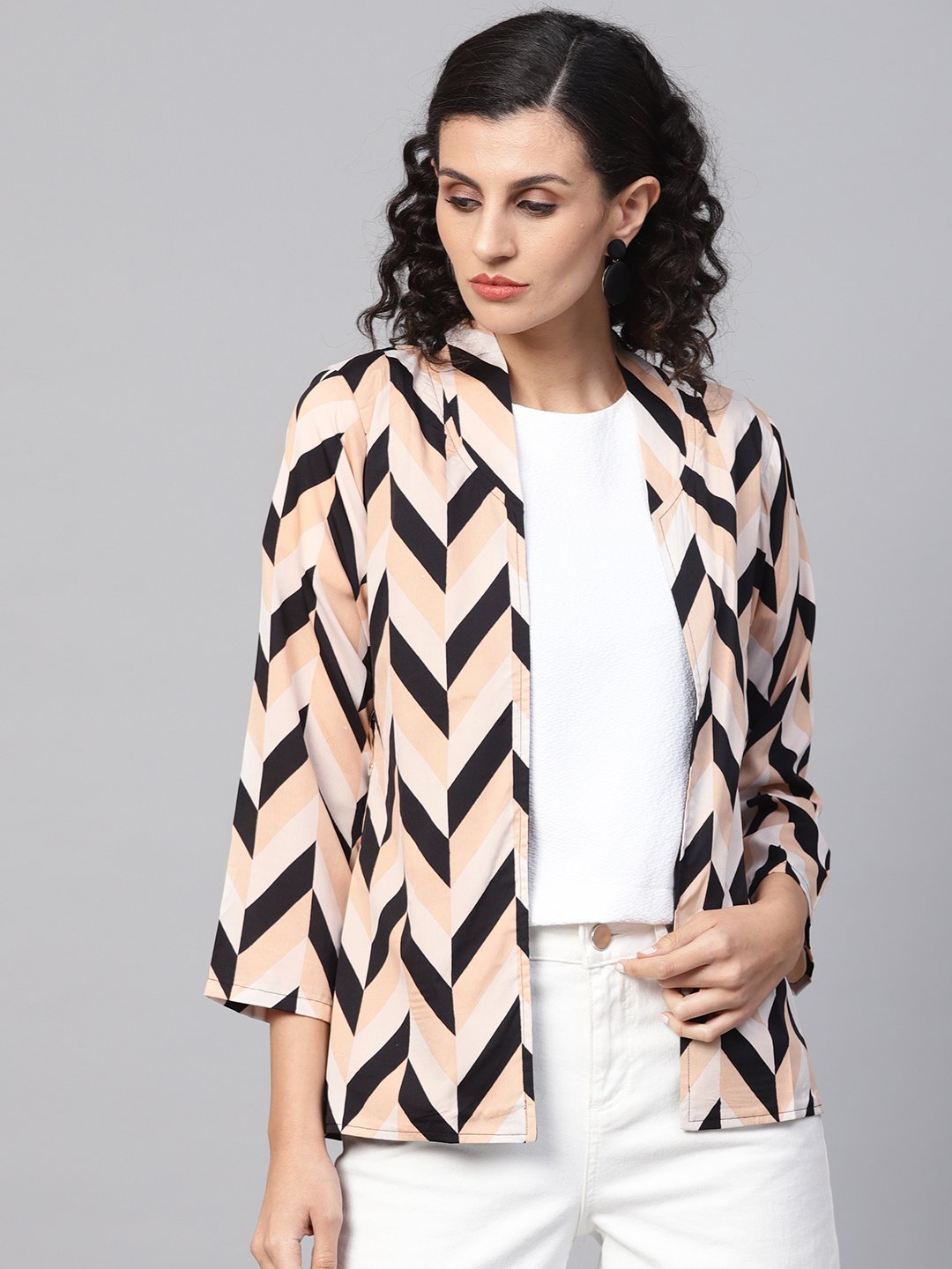 Women's Multi Colored 3/4Th Sleeve Front Open Jacket With Belt