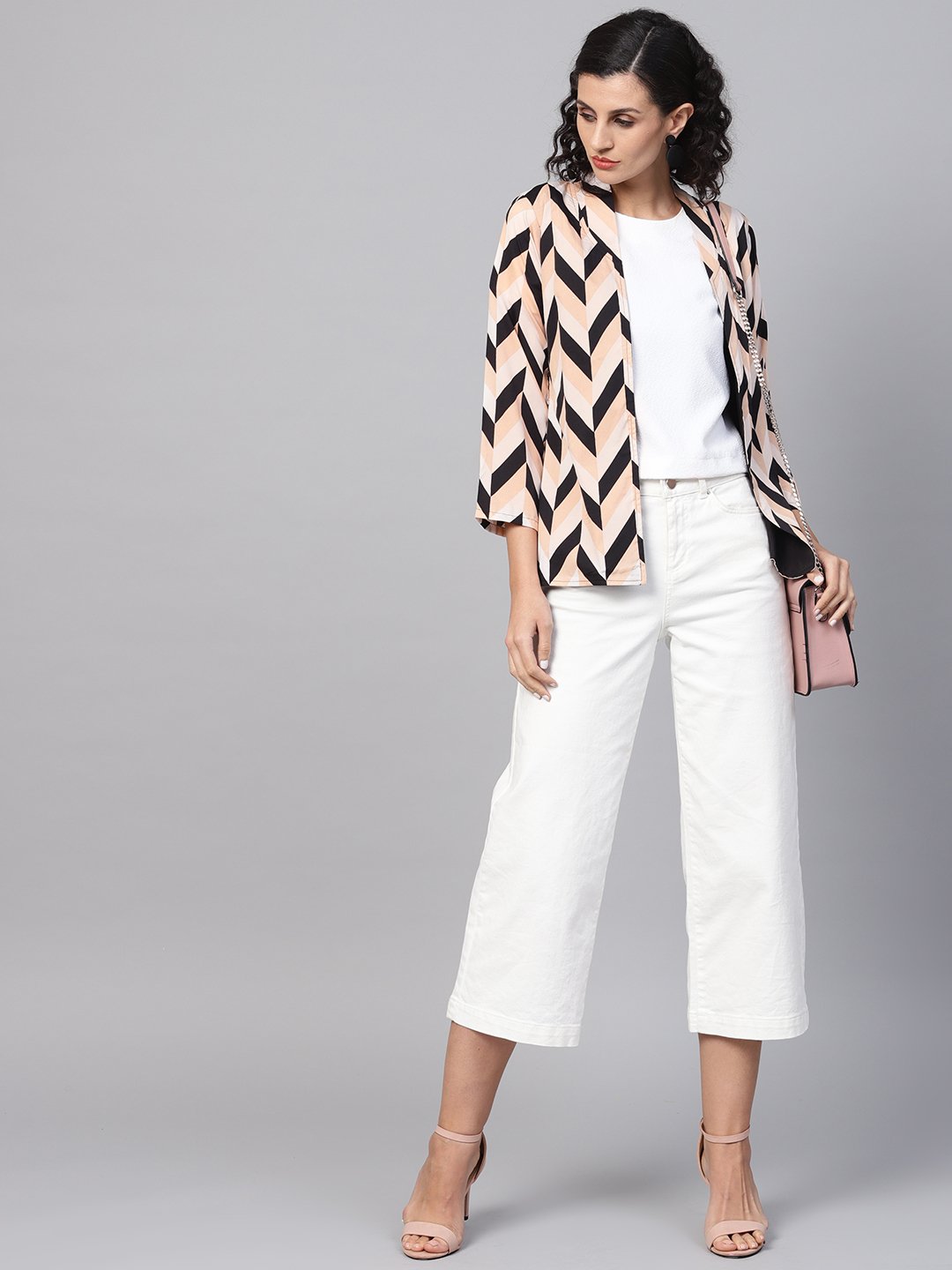 Women's Multi Colored 3/4Th Sleeve Front Open Jacket With Belt