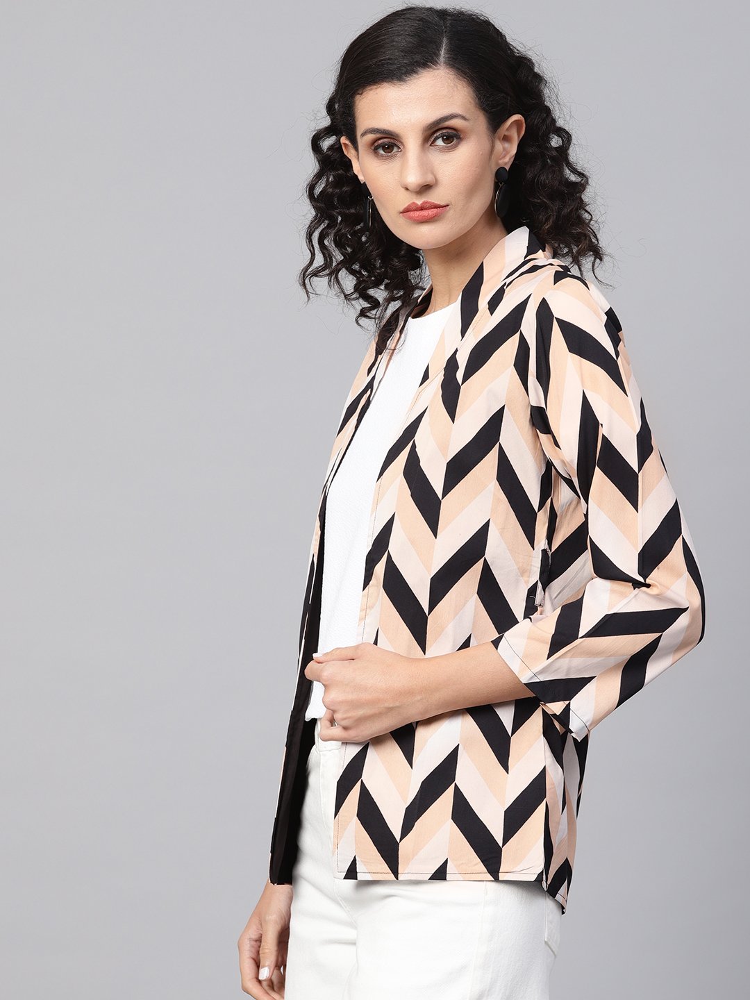 Women's Multi Colored 3/4Th Sleeve Front Open Jacket With Belt