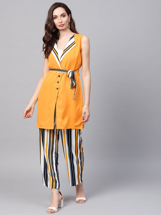 Women's Solid Yellow Jacket & Stripped Palazzo Clothing Set