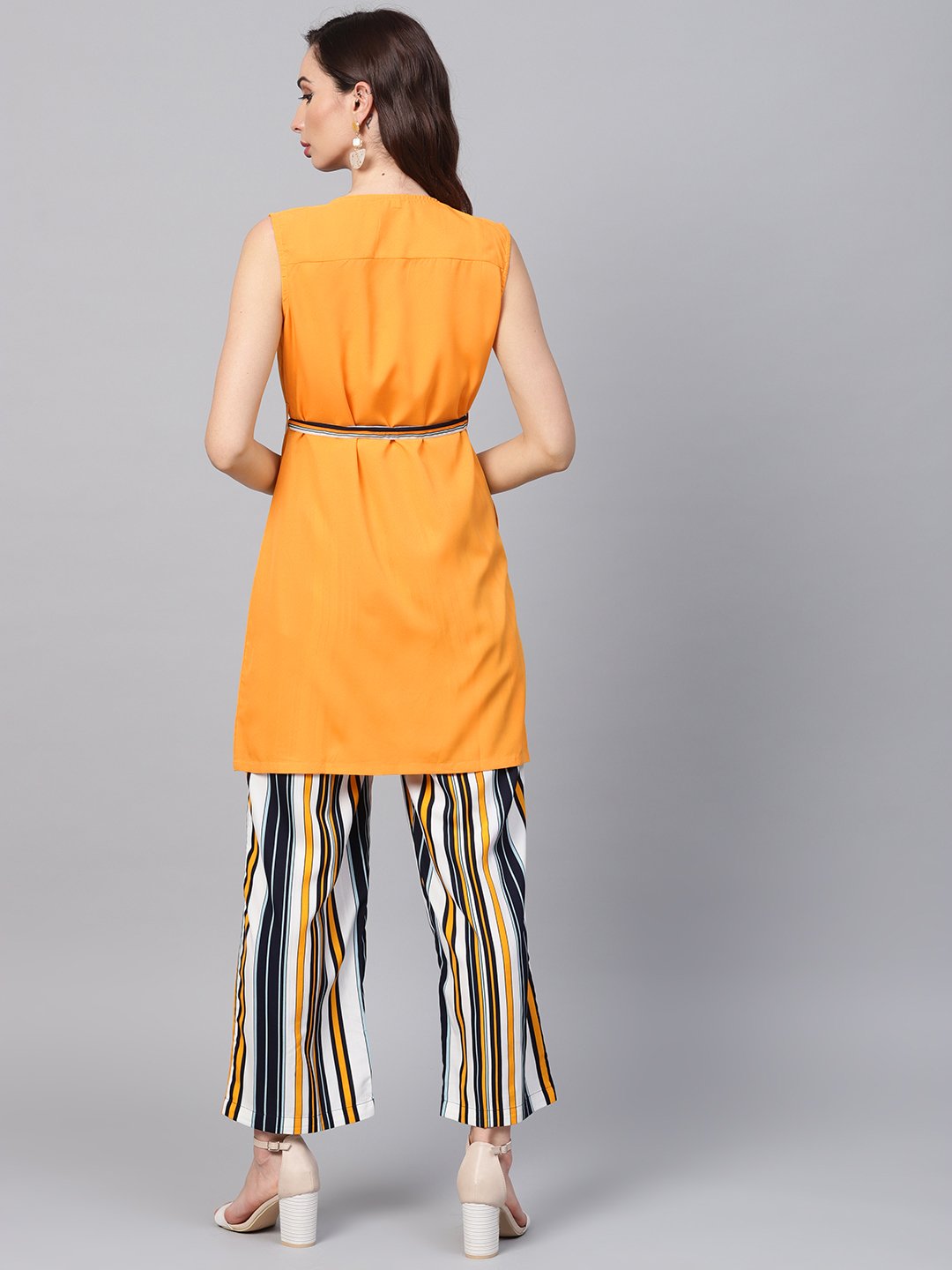 Women's Solid Yellow Jacket & Stripped Palazzo Clothing Set