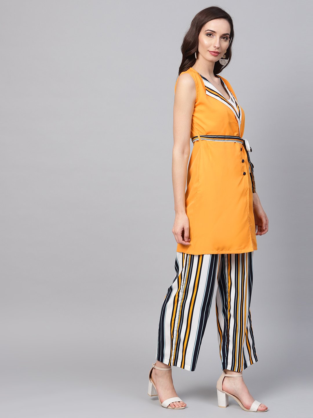 Women's Solid Yellow Jacket & Stripped Palazzo Clothing Set