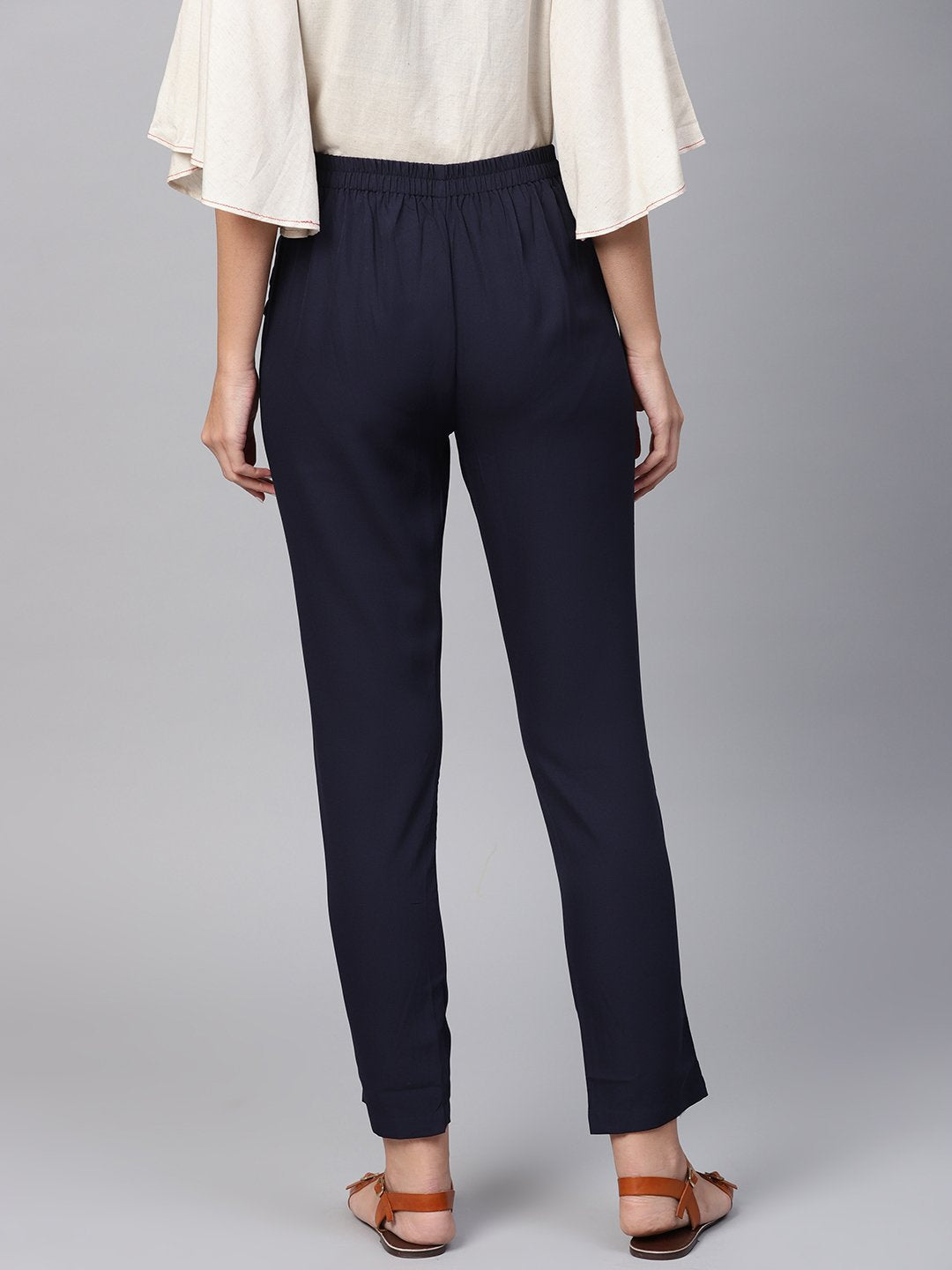 Women's Navy Blue Detailed Pleated Pants