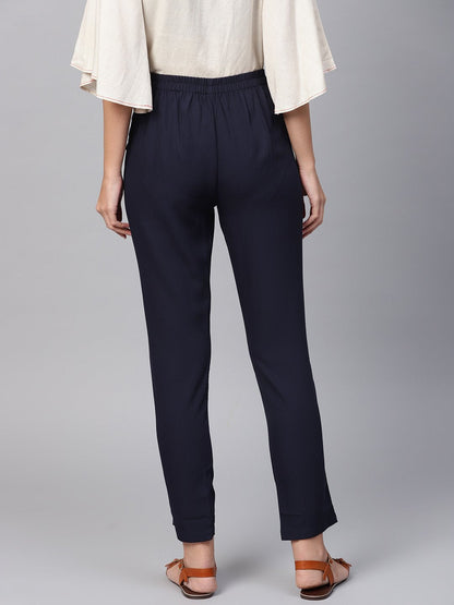 Women's Navy Blue Detailed Pleated Pants