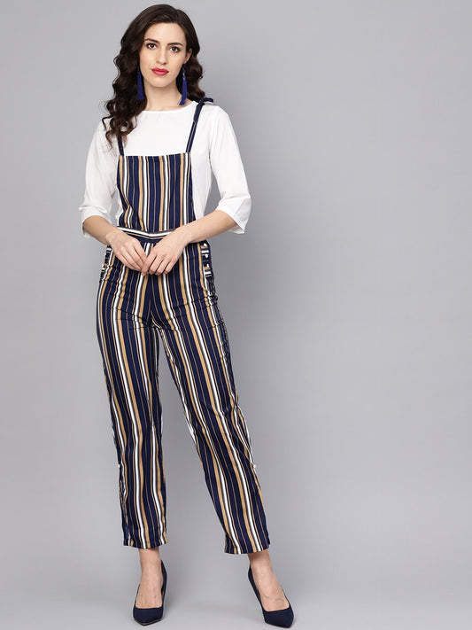 Women's Multi Colored Striped Knot Style Dungree With White Top