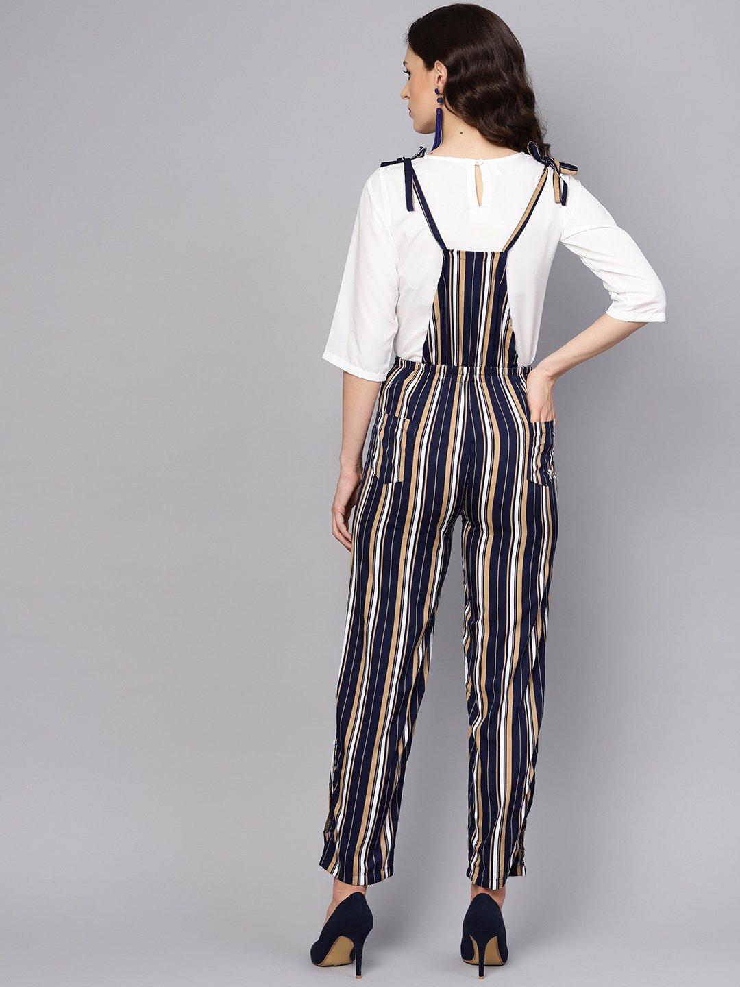 Women's Multi Colored Striped Knot Style Dungree With White Top