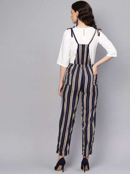 Women's Multi Colored Striped Knot Style Dungree With White Top