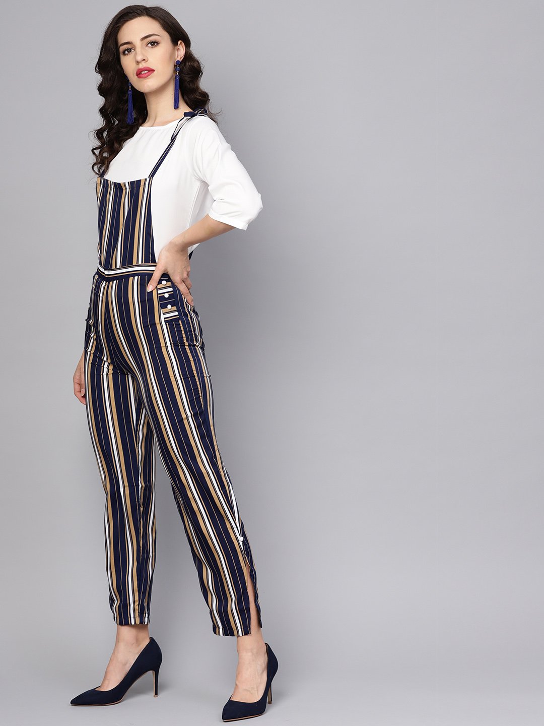 Women's Multi Colored Striped Knot Style Dungree With White Top