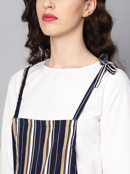 Women's Multi Colored Striped Knot Style Dungree With White Top