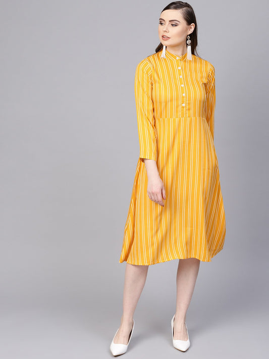 Women's Yellow & White Striped Dress With Madarin Collar & Full Sleeves
