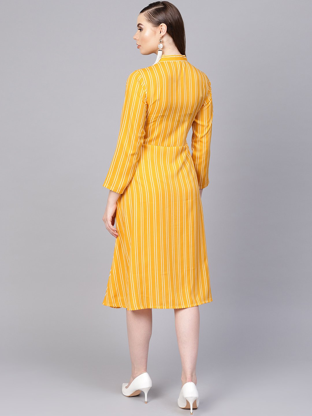 Women's Yellow & White Striped Dress With Madarin Collar & Full Sleeves