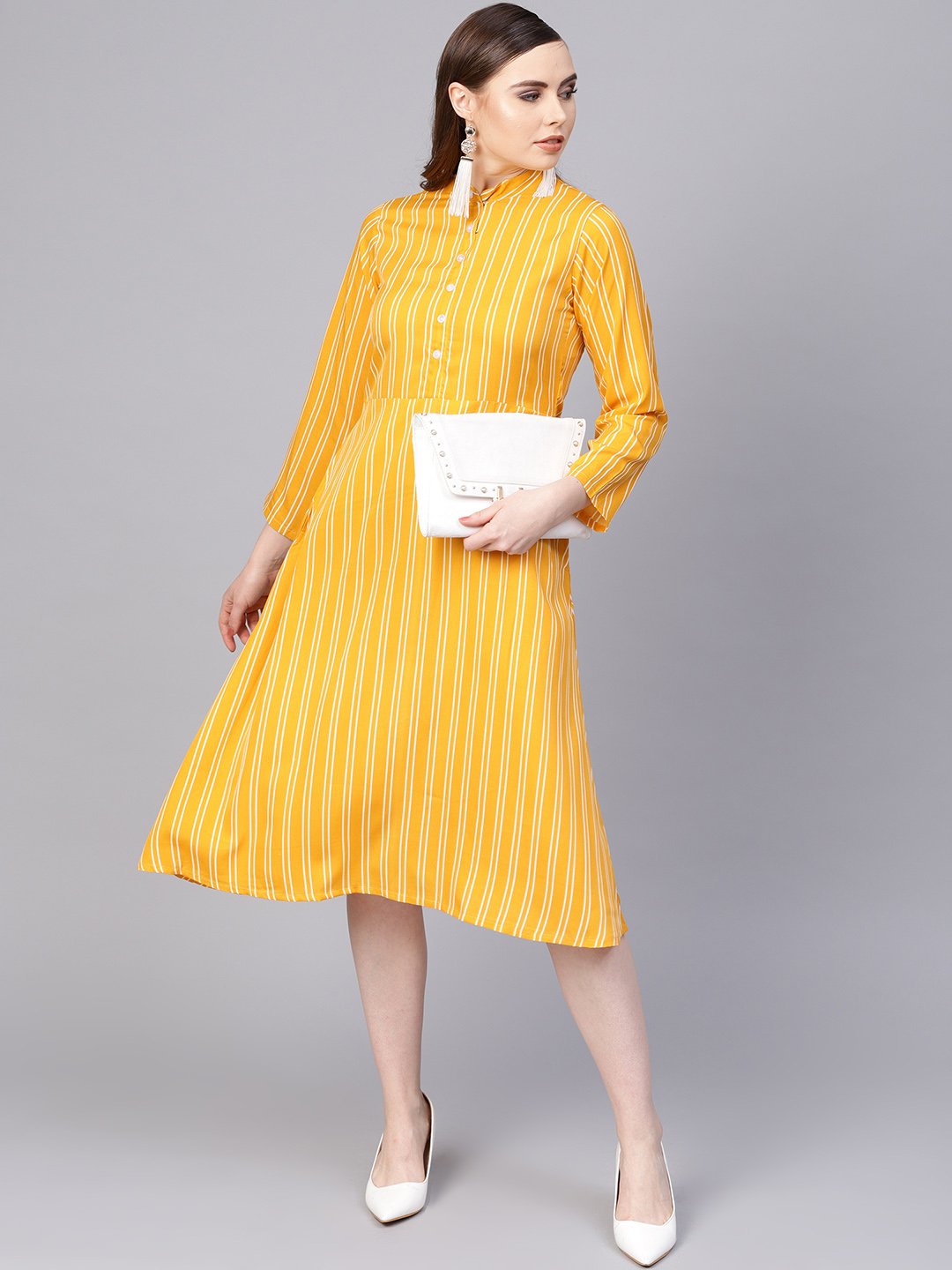 Women's Yellow & White Striped Dress With Madarin Collar & Full Sleeves