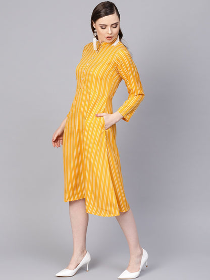 Women's Yellow & White Striped Dress With Madarin Collar & Full Sleeves