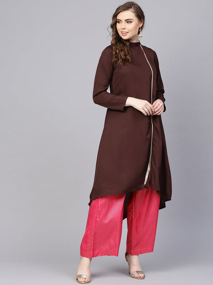 Women's Chocolate Brown Kurta With Side Slit & Roll Colllar