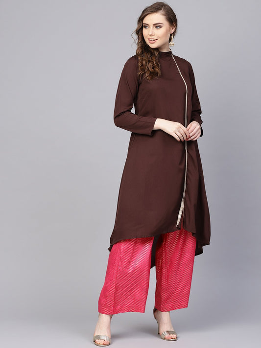Women's Chocolate Brown Kurta With Side Slit & Roll Colllar