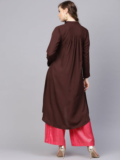 Women's Chocolate Brown Kurta With Side Slit & Roll Colllar