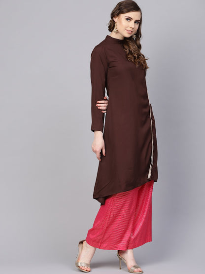 Women's Chocolate Brown Kurta With Side Slit & Roll Colllar